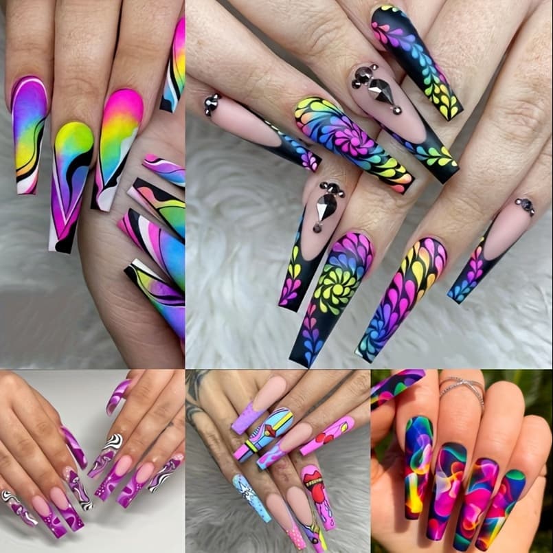 TEMU 120pcs Acrylic Press On Nails Long Coffin Fake Nails With Nails Glue Long Ballet False Nails With Water Ripple Colorful Full Cover Artificial Nails Press Ons Stick On Nails 24pcs
