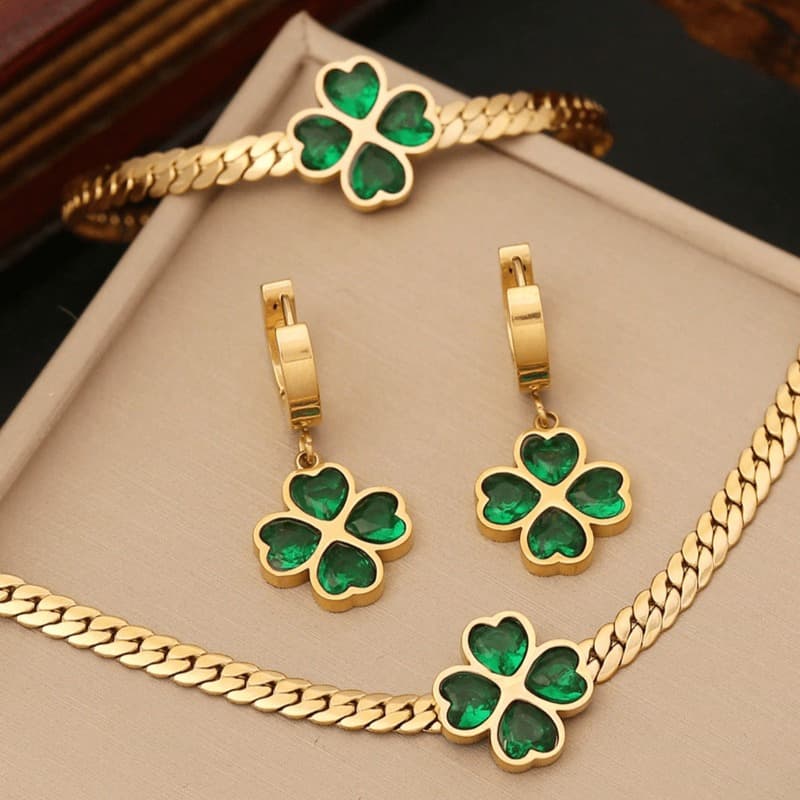 TEMU 1set Green Heart Cubic Zirconia & Flower Shaped Stainless Steel Jewelry Set For Women, 3pcs Including Necklace, Bracelet And Earrings, Suitable For Daily And Special Occasion, For Gift