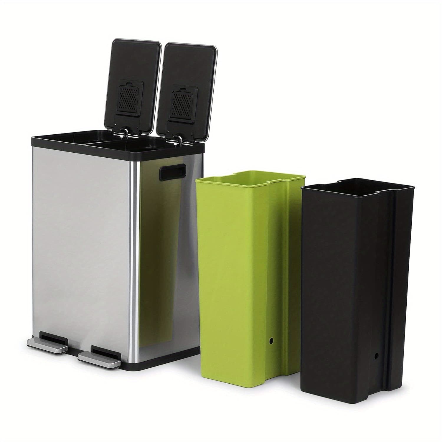 TEMU 60 Liter / 16 Gallon Rectangular Dual Compartment Recycling Kitchen Step Trash Can With Lid, Brushed