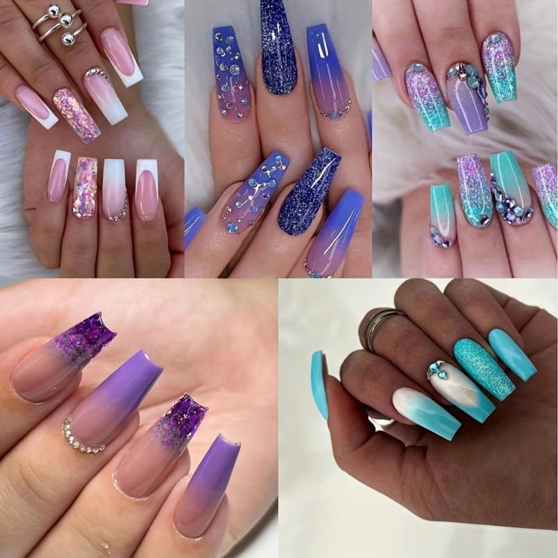 TEMU 5pcs Medium Coffin Press On Nails Blue Purple Green Pink Gradient Fake Nails, Glossy Glue On Nails, Glitter Artificial False Nails With Double Side Adhesive Tabs For Women & (120pcs)