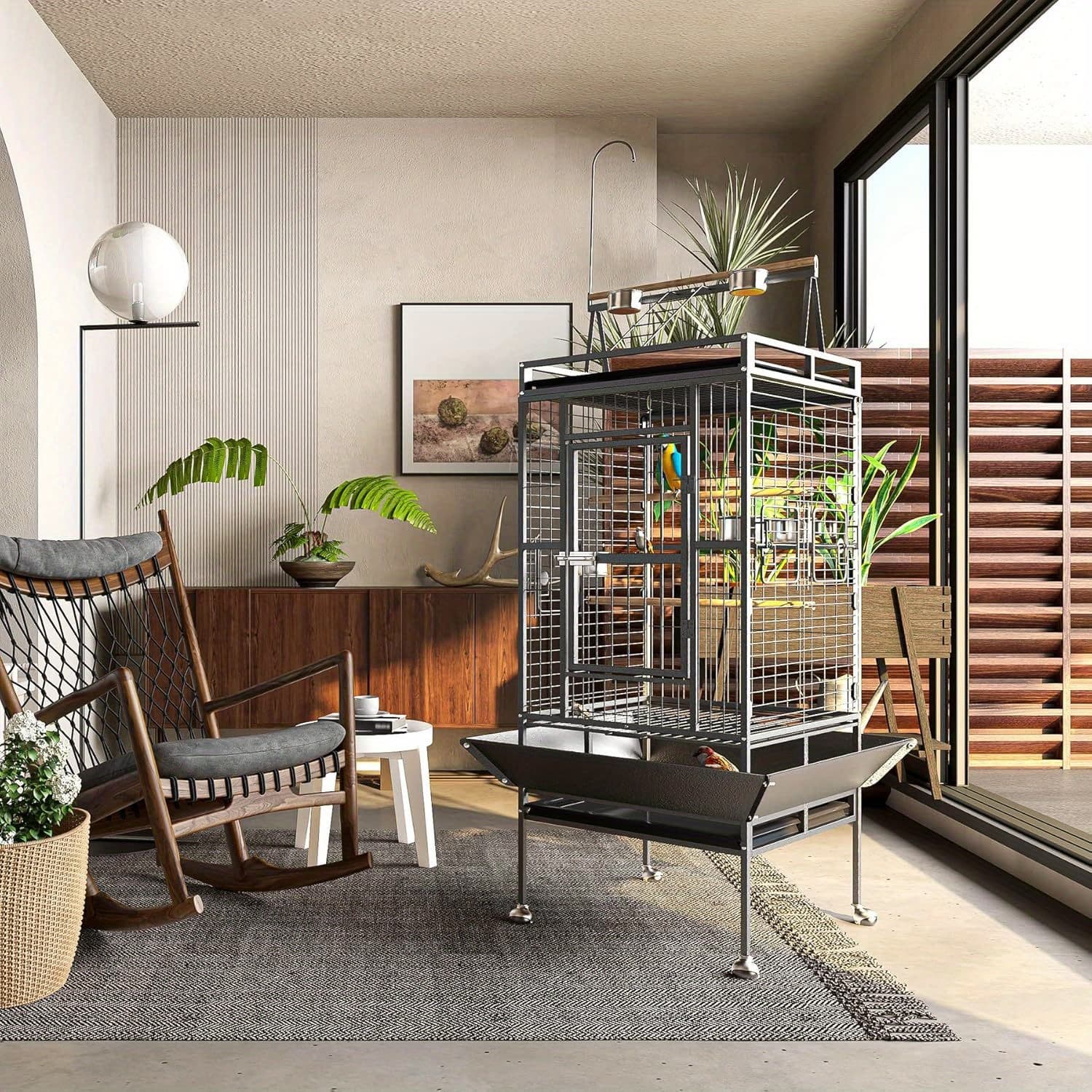 TEMU 82 Inch Bird Cage, Bird Flight Cages With Rolling Stand And Bottom Tray, Wrought Cage With For Parakeet, Lovebirds, , Cockatiels