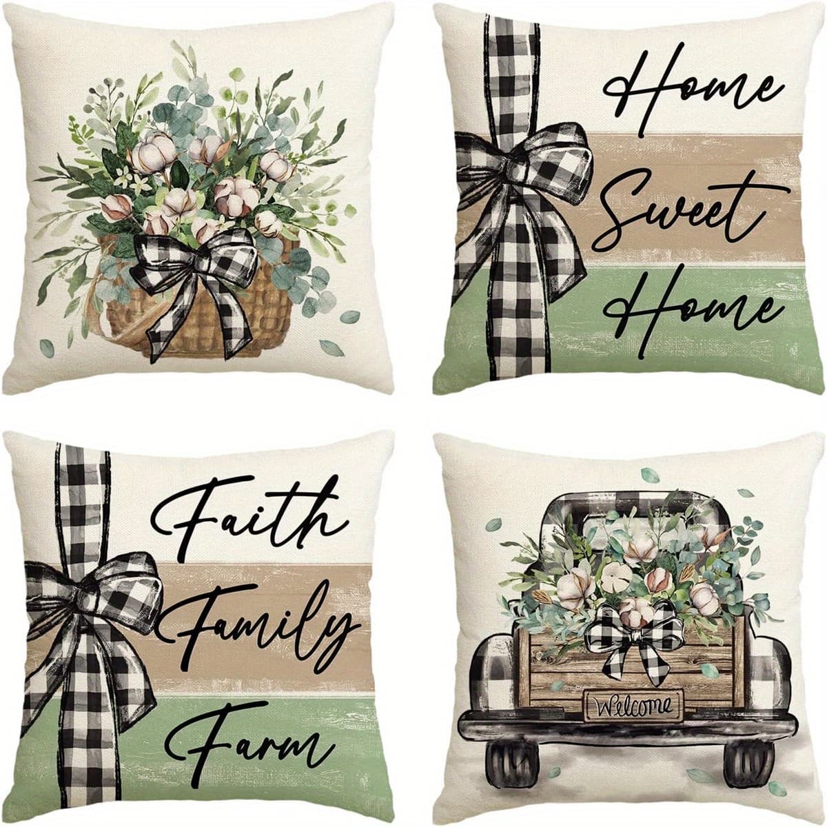 TEMU 4pcs Bohemian Farmhouse Linen Throw Pillow Covers - Eucalyptus & Plaid Bowknot Cushion Cases Suitable For Sofa Bed Decor, Neutral Tones, Machine Washable, 18x18 Inch (inserts Not Included)