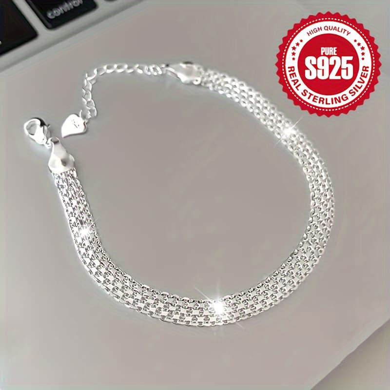 TEMU 1pc S925 Sterling Silvery Chain Bracelet Mesh Embossing Pattern Bracelet For Men And Women Sparkly Hand Jewelry 4.5g/ 0.152oz