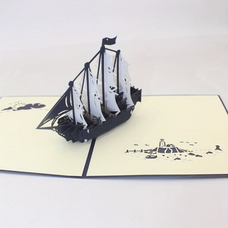 TEMU A Single Blue And White Vintage Sailing Ship Card, An Innovative 3d Greeting Card, Perfect For Holiday Wishes, , And Decorations