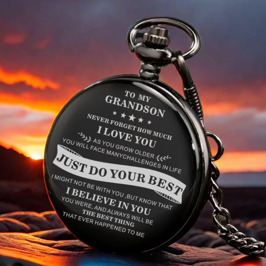 TEMU To My Grandson: Smooth Black Quartz Pocket Watch With Encouraging Information | Perfect For Birthdays, Graduation Ceremonies, And Christmas Gifts