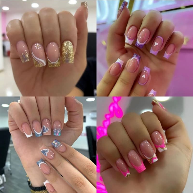 TEMU 96pcs French Tip Press On Nails Medium Square Fake Nails Pink Glossy Acrylic Nails White Nail Tips Short False Nails With Summer Cute Artificial Glue On Nails For Women