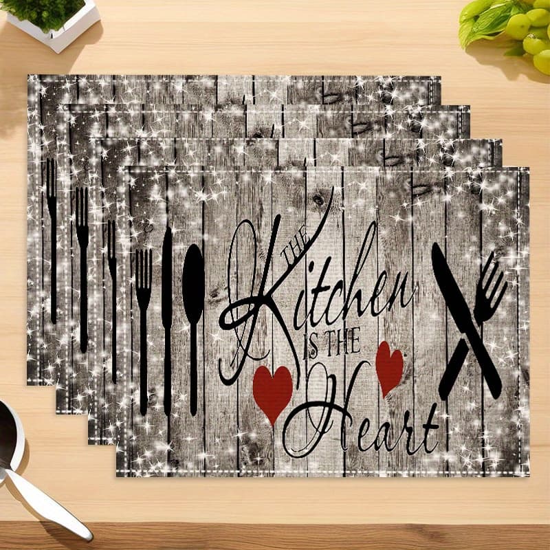TEMU 4pcs, Kitchen Decor And Accessories, Linen Table Fabric, Kitchen Pattern Printed Table Mat, Perfect For Home Kitchen And Dining Room Decoration
