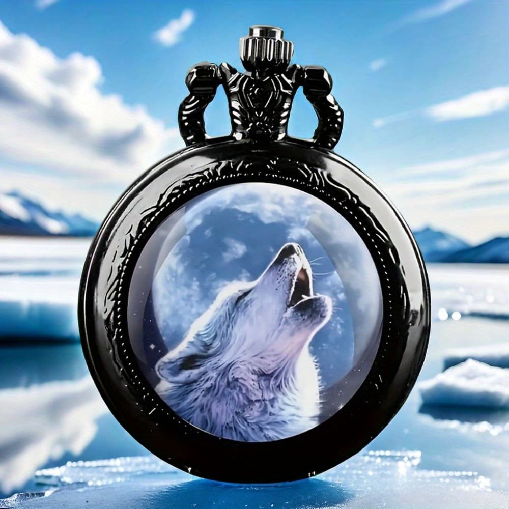 TEMU White Wolf Moon Unique Glass Circular Quartz Chain Pocket Watch, A Fashionable And , Is An Ideal Gift For New Year, Christmas, And Birthday Celebrations