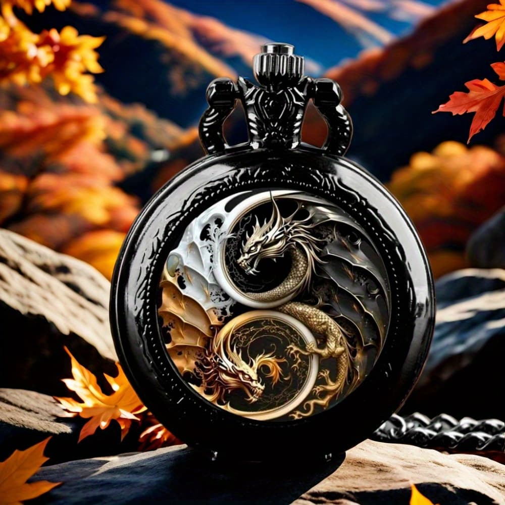 TEMU Creative Cool Dragon-themed Black Quartz Pocket Watch - Fashion Necklace Pendant For Men, Perfect Christmas & Birthday Gift