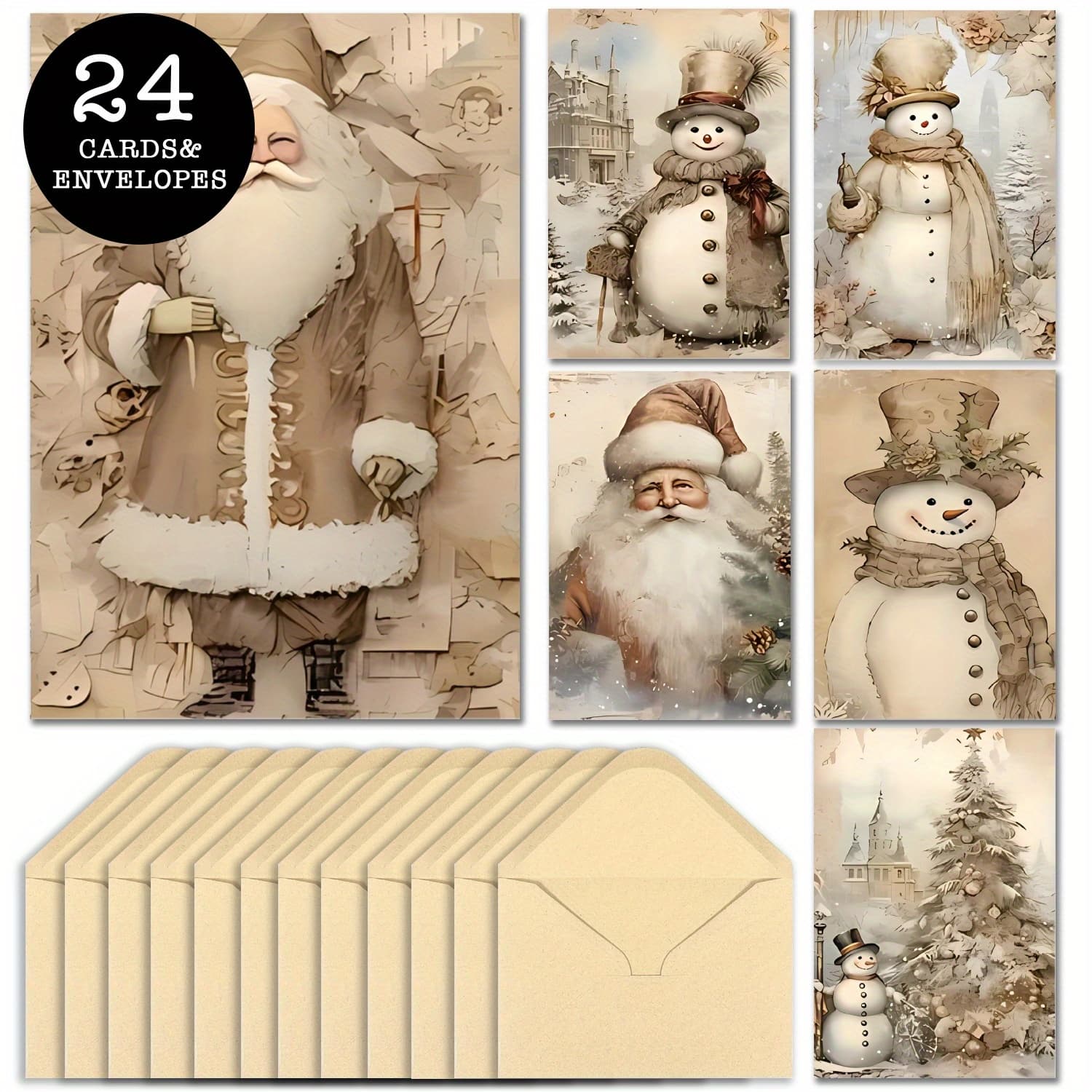 TEMU 24pcs Set With Envelopes (6 Styles) Retro Santa Claus Snowman Christmas Greeting Cards, Loose Christmas Celebration Cards, Give For , Family, Best For Christmas