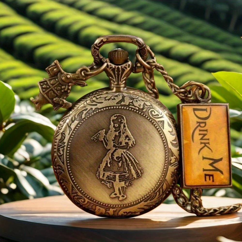 TEMU Classic Quartz Pocket Watch - Sweater Necklace Featuring '' And Rabbit Charms, Retro Fantasy For Women, Gift For Fairy Tale Lovers