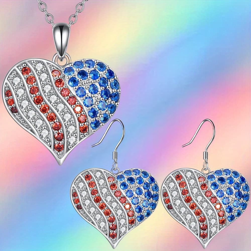 TEMU 3pcs American Flag Necklace Earring Set American Flag Heart Pendant Jewelry Set Gift