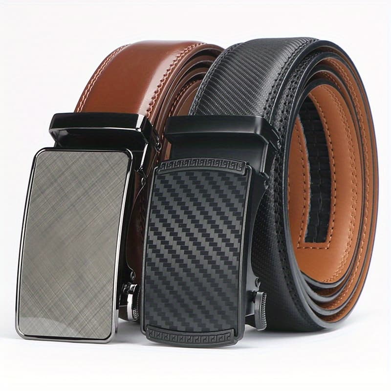 TEMU 2pcs Men's Genuine Leather Ratchet Belts With Automatic - Adjustable Casual & Belts, Durable Alloy , High-quality Leather, For Any Occasion