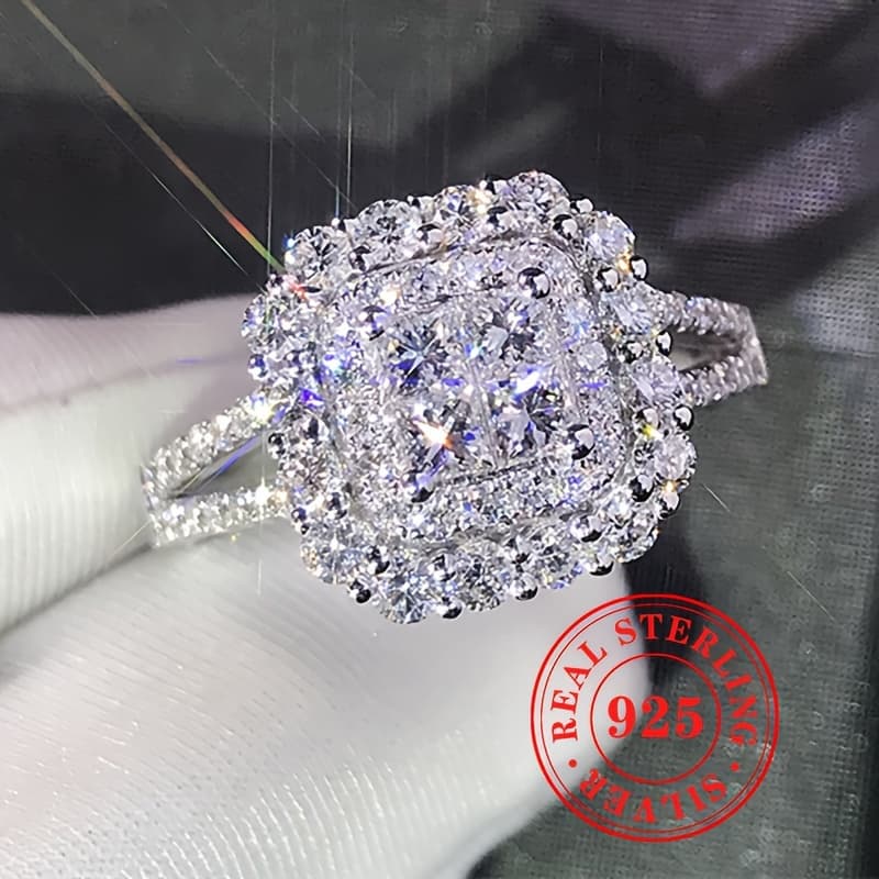 TEMU 925 Sterling Silver Ring Elegant & Shiny Square Cubic Zirconia Decor Engagement Ring Jewelry For Wedding & Party Accessory Gifts For Women