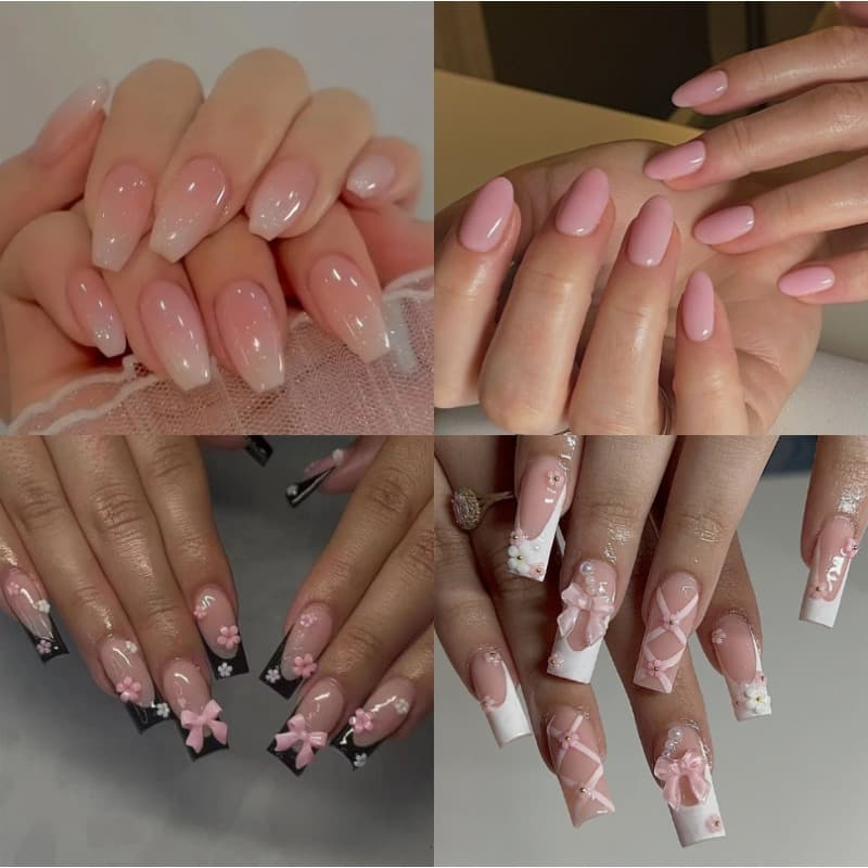 TEMU (96pcs) Medium Press On Nails Set – Pink/black French Tip Fake Nails Press Ons, Coffin/almond Shaped False Nails, Acrylic Press On Nail Kit, With Cute 3d Coquette Design