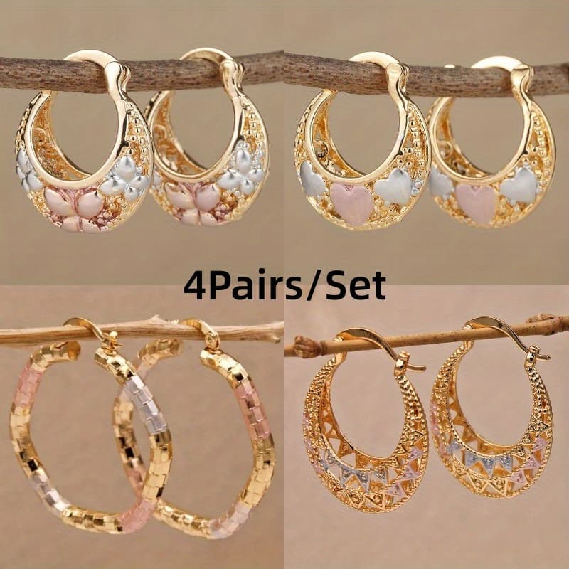 TEMU 4pairs/ Set Trendy Golden Plated Print Love Heart Hoop Earrings For Women Twist Golden Round Hollow Drop Earrings Jewelry For Wedding Anniversary Gift Acessories