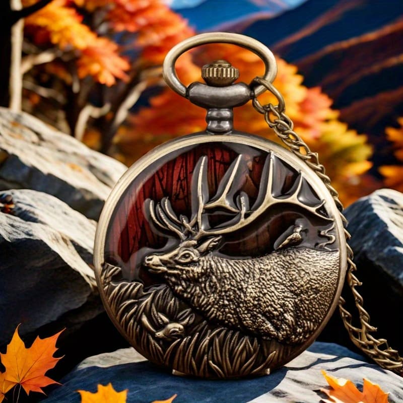 TEMU 3d Bronze Creative Elk Design Pocket Watch: Steampunk Quartz Necklace, Deer-themed Pendant Chain, Perfect Christmas & Birthday Present