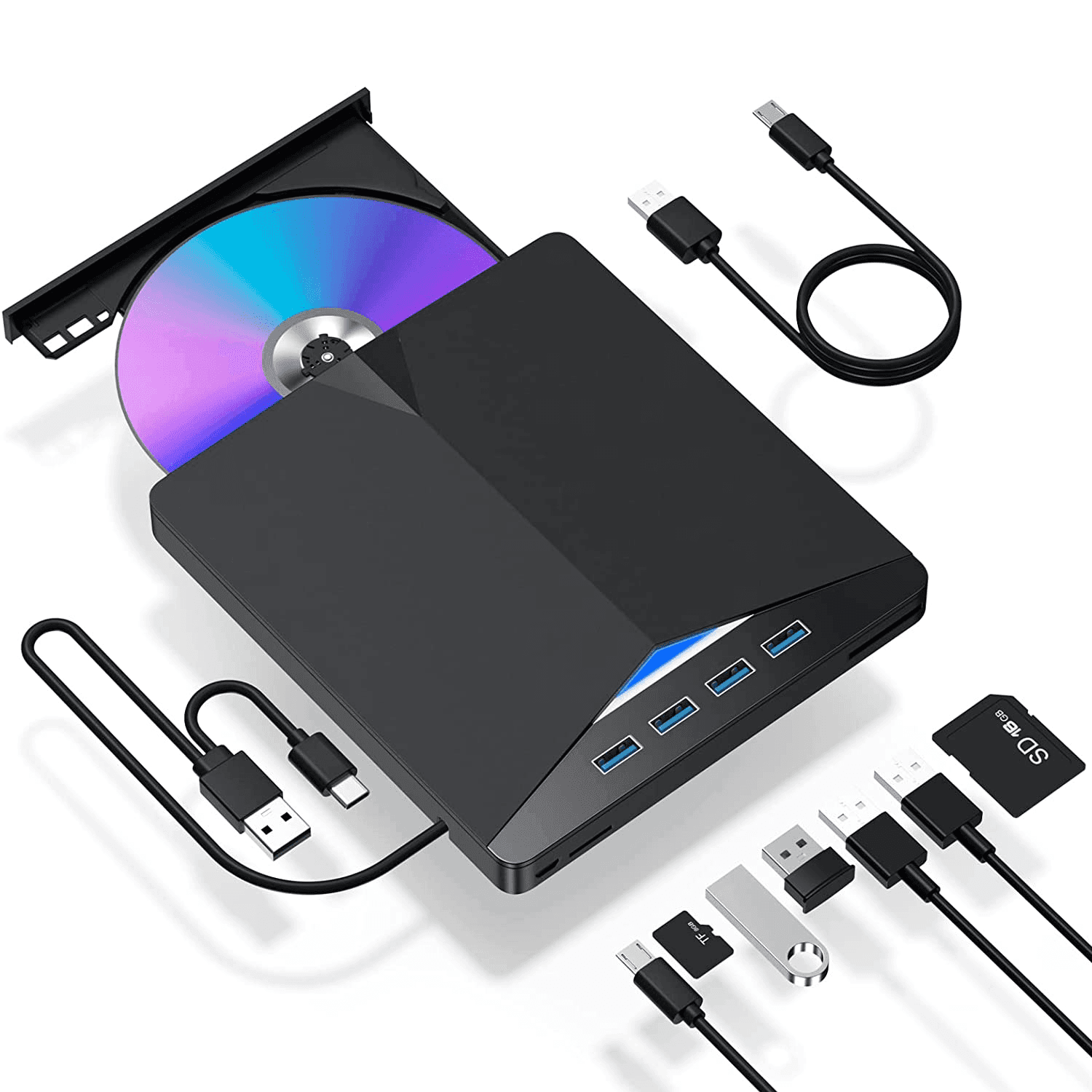 TEMU Laptop External Cd/dvd Drive, 7-in-1 Usb 3.0 Dvd Player Portable Cd/dvd Burner, Laptop External Dvd Drive Cd Rom Compatible With Laptop Desktop Computer /10/8/7 Os (includes Sd Card/data Cable)