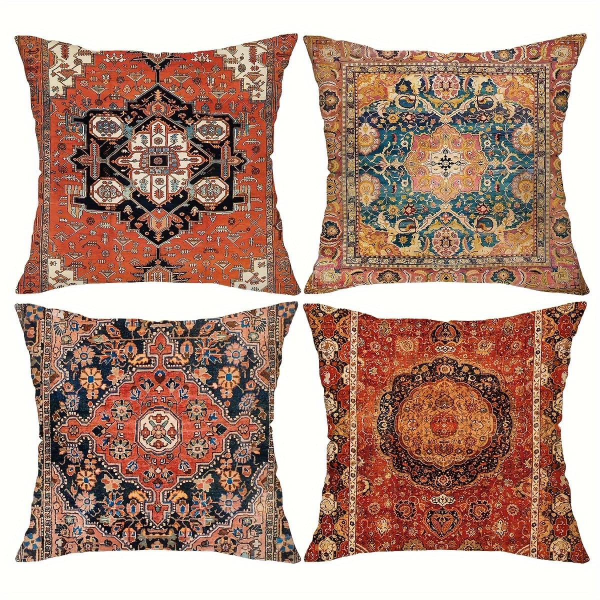 TEMU 4pcs Vintage Boho Pillowcases - Stylish Ethnic Prints With Vibrant Rug - Durable And Soft Upholstery For Home, Bedroom, Living Room, Car And Sofa