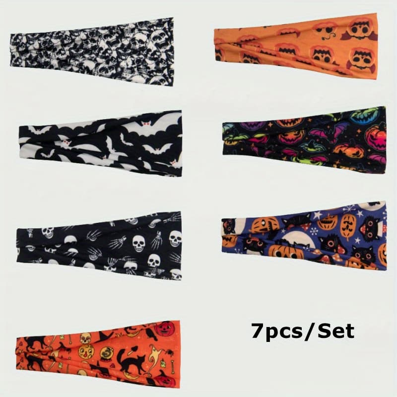 TEMU 7pcs Halloween Skull Pumpkin Black Cat Bat Printed Headbands, Stretchy, Non-slip Hair Bands For Sports And Party Costumes