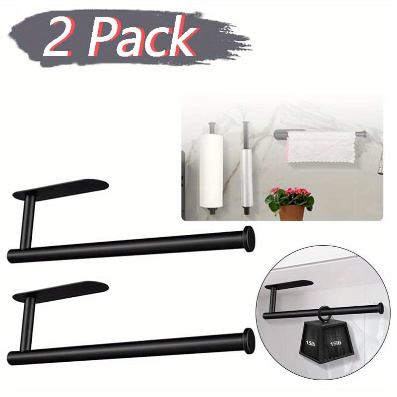 TEMU 2 Pack Paper Towel Holder For Kitchen, Self Adhesive Under Cabinet Paper Towel Holder, Wall Mount Towel Bar/ Rack For Kitchen, Bathroom & Rv - Adhesive Or Screw, Black