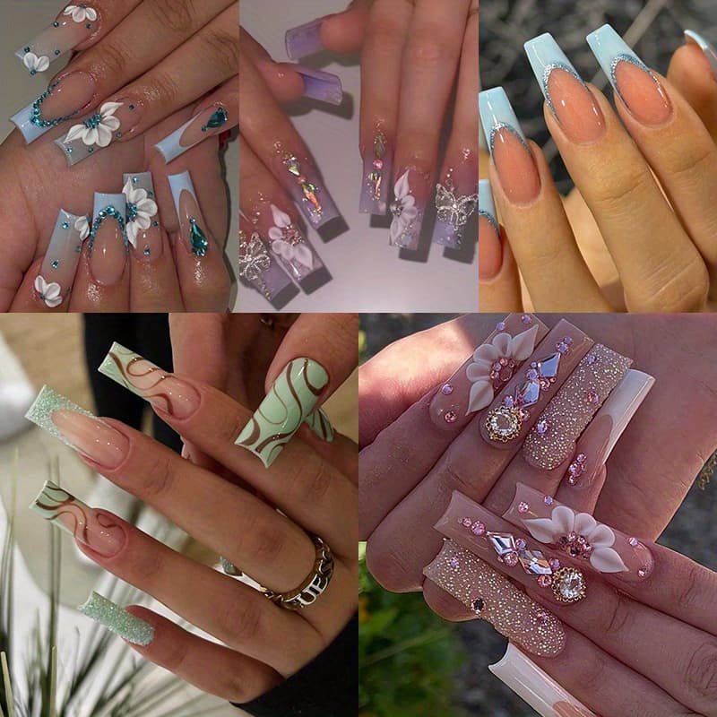 TEMU 120pcs (5pcs) Press On Nails Long Square Purple Blue Green Fake Nails Flower Design Glue On Nails 3d Flower Charm Acrylic Nails Bling Squoval Cover False Nails