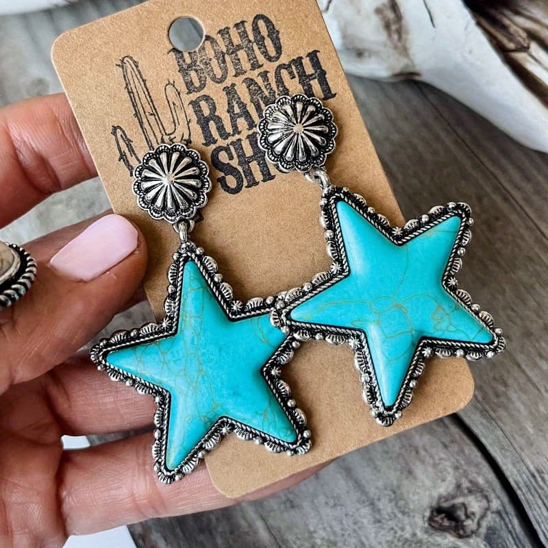 TEMU 1 Pair Of Bohemian Style Turquoise Pentagram Alloy Earrings As A Gift For Women
