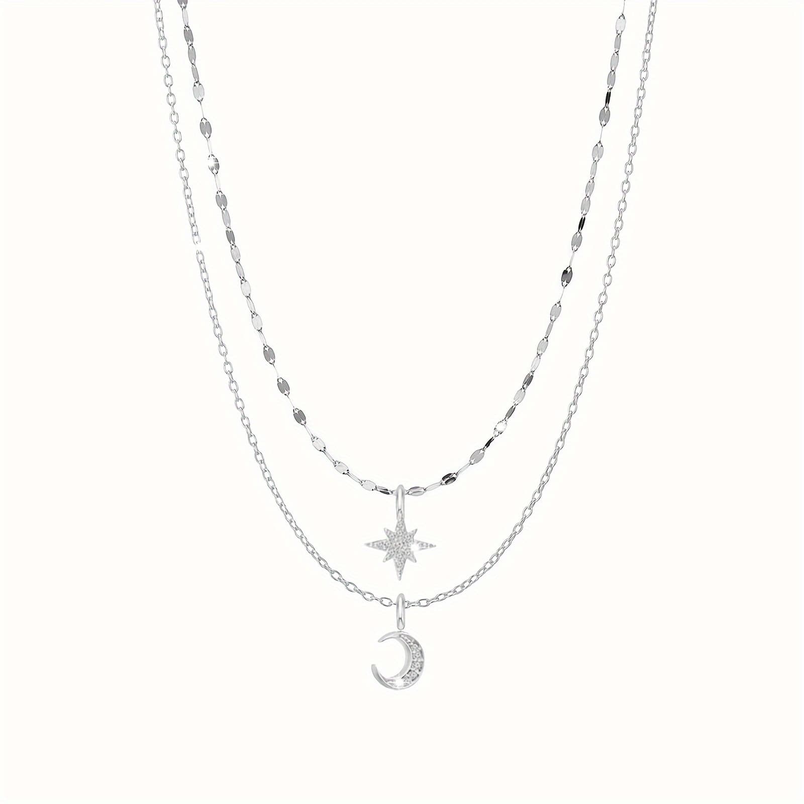 TEMU 1pc Of 925 Sterling Silver Layered Necklace Chain Star Moon Choker Necklace For Women Teen Layering Chain Choker