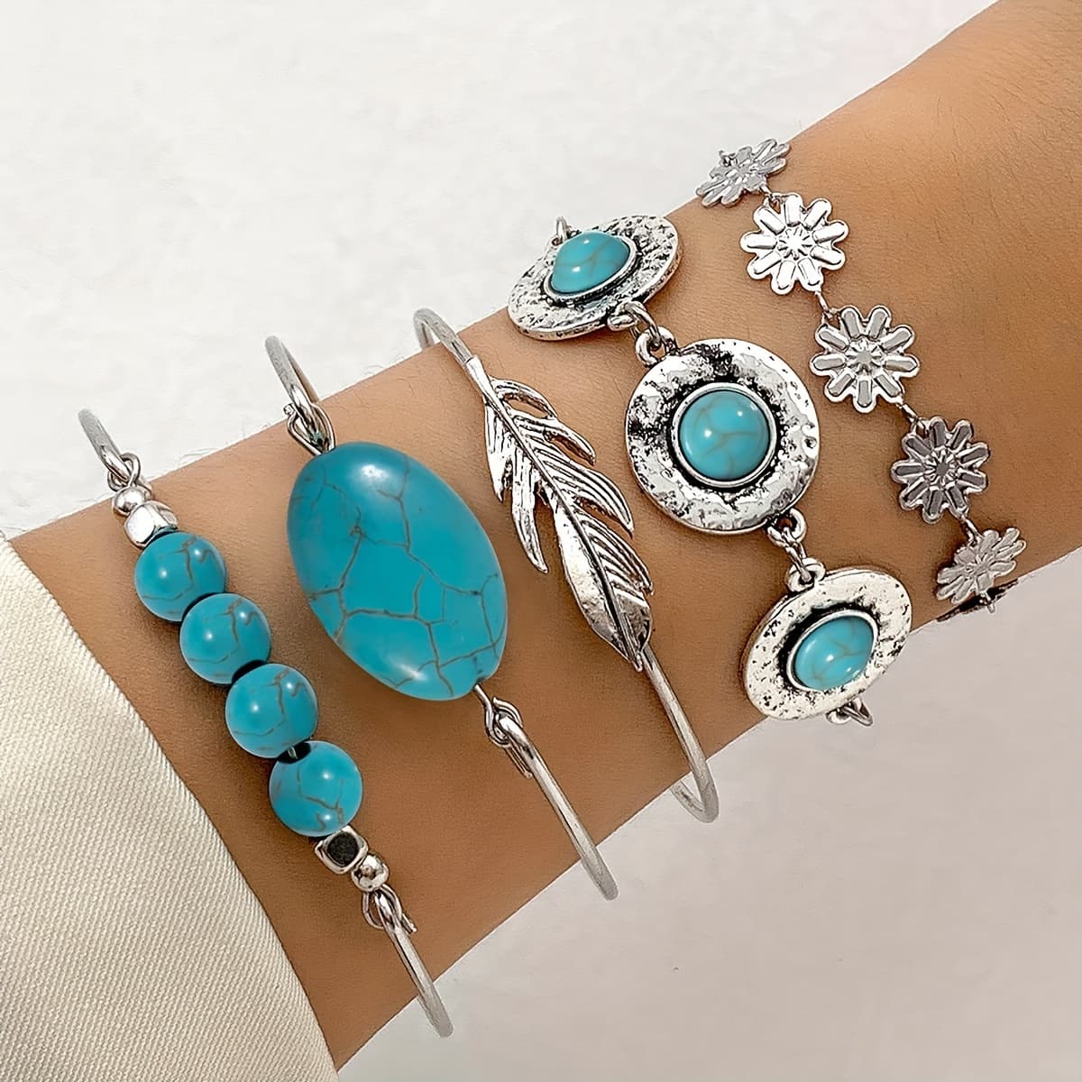 TEMU 5pcs/ Set Ethnic Style Turquoise Inlaid Flower Feather Cuff Bracelet Bangle - Jewelry For A