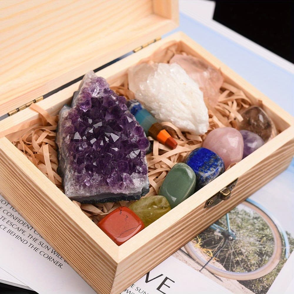 TEMU 7-stone Natural - Wooden Box | Hand-polished Crystal Specimens For Home Display & Gifting | Luxury Mineral Gift Set With Rose Quartz, Amethyst Cluster & Crystal Pendulum