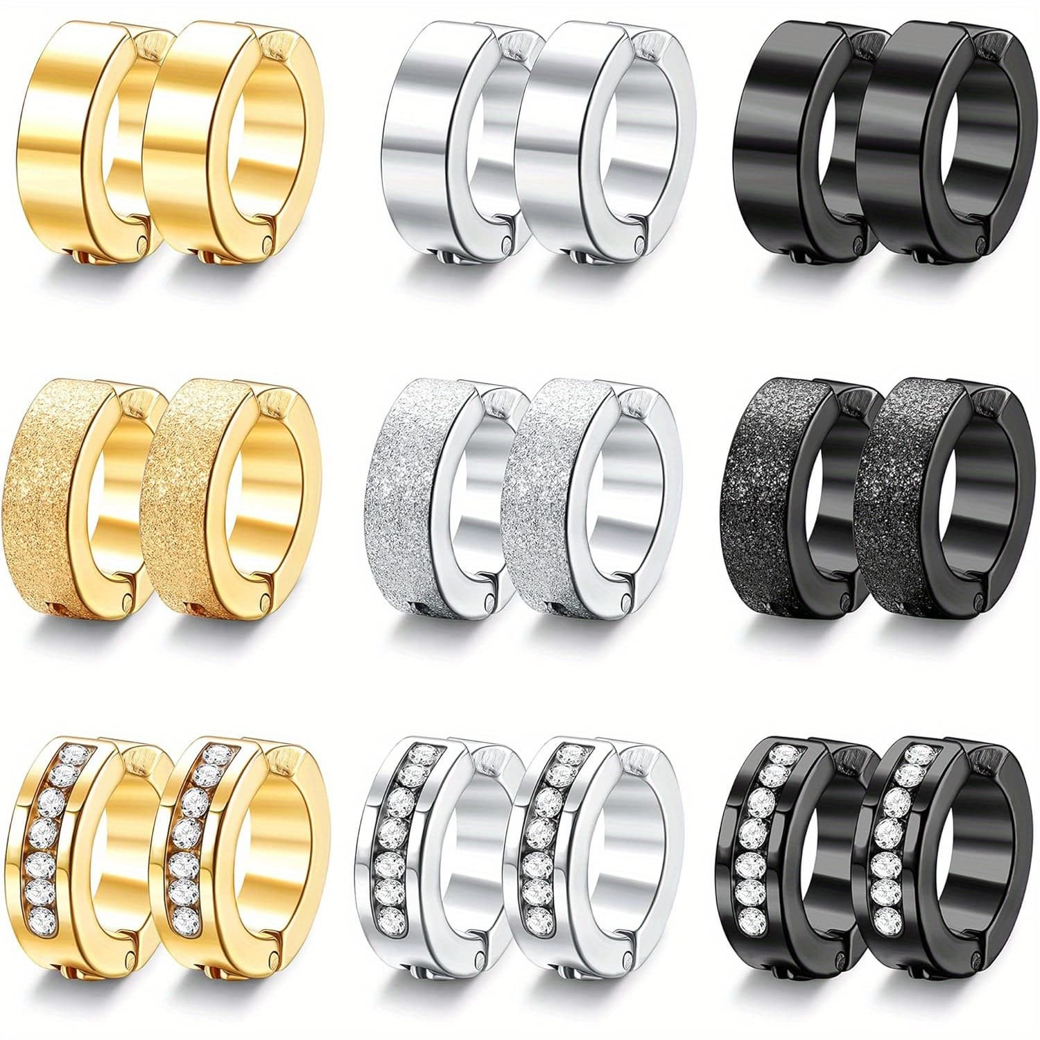 TEMU Steel 9 Pairs Stainless Steel Clip Hoop Earrings Set For Men Women Cz Ear Clip Non-piercing Earrings Fashion Jewelry