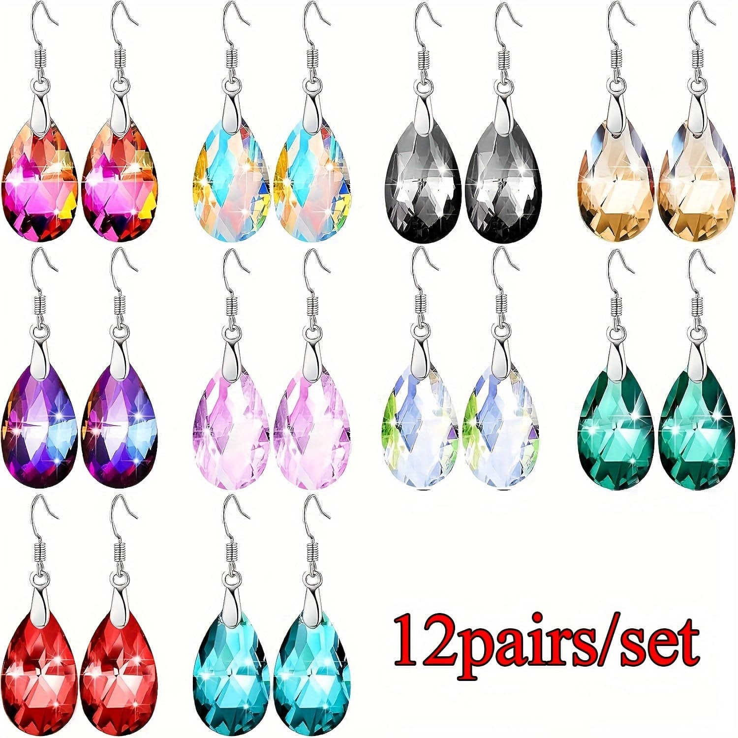 TEMU 12 Pairs Of Shiny Teardrop And Oval Crystal Decorated Long Drop Earrings, Elegant Drop Earrings Fashion Jewelry Ladies And, Valentine's Day, Birthday, Party, Christmas Gifts
