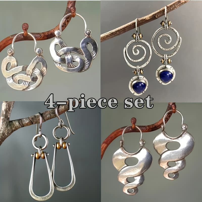 TEMU 4pcs Set Of Vintage Style Silvery Hollowed Out Hoop Earrings With Rolled Edge Pattern, Gift Alloy Silvery Plated Jewelry, Uniquely Designed