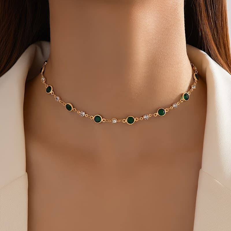 TEMU Personality Retro Green Zirconia Short Necklace Clavicle Chain Neck Jewelry