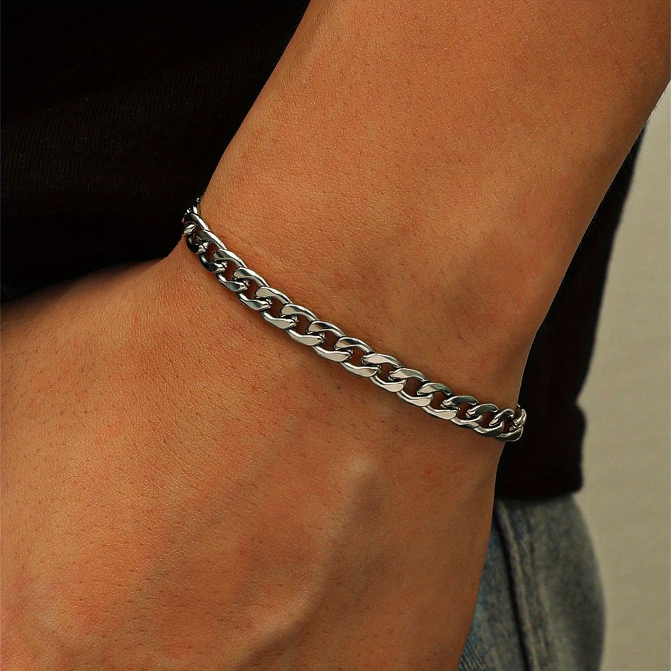 TEMU 1pc Mens Sleek Stainless Steel Chain Bracelet - Minimalist & Hip Hop Style - Durable Jewelry With Fashion- Unisex
