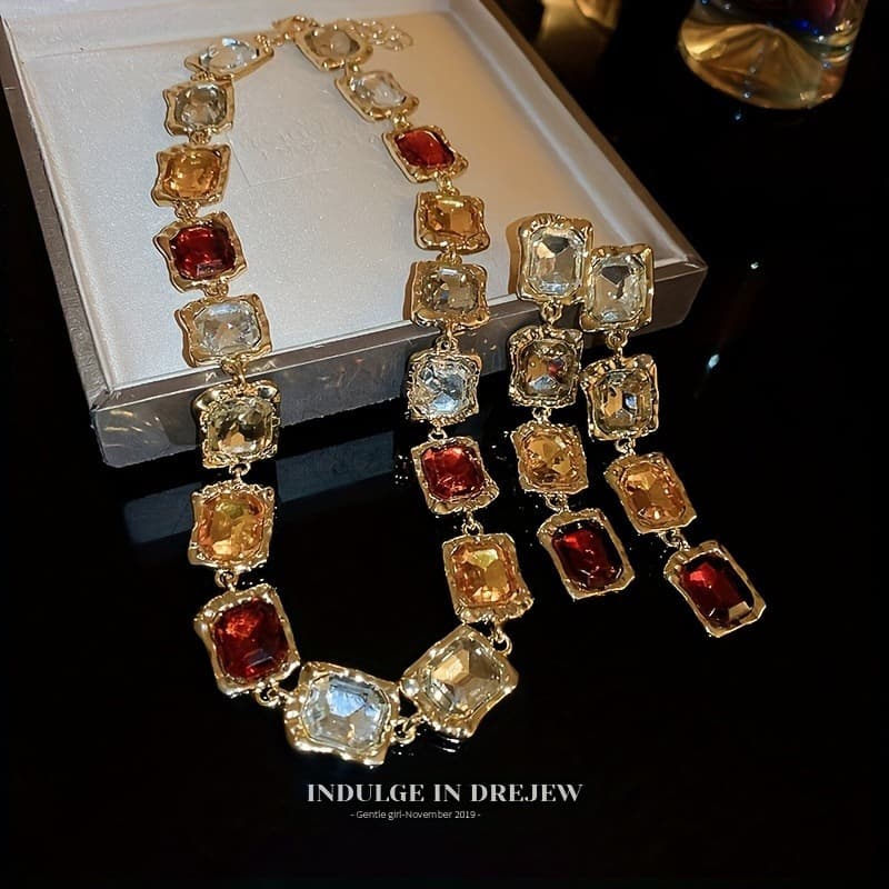 TEMU 2pcs Vintage Style Necklace And Earring Set, Artificial Crystal Inlaid Jewelry, For , Special Occasions, And Daily Wear