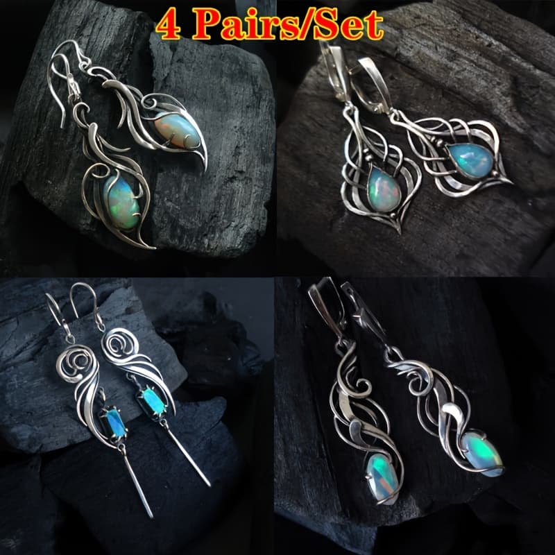 TEMU 4 Pairs/ Set Of Shiny Bohemian Floral Earrings - Silvery Plated Glowing Synthetic Gems - Retro Style, Suitable For , Parties, And