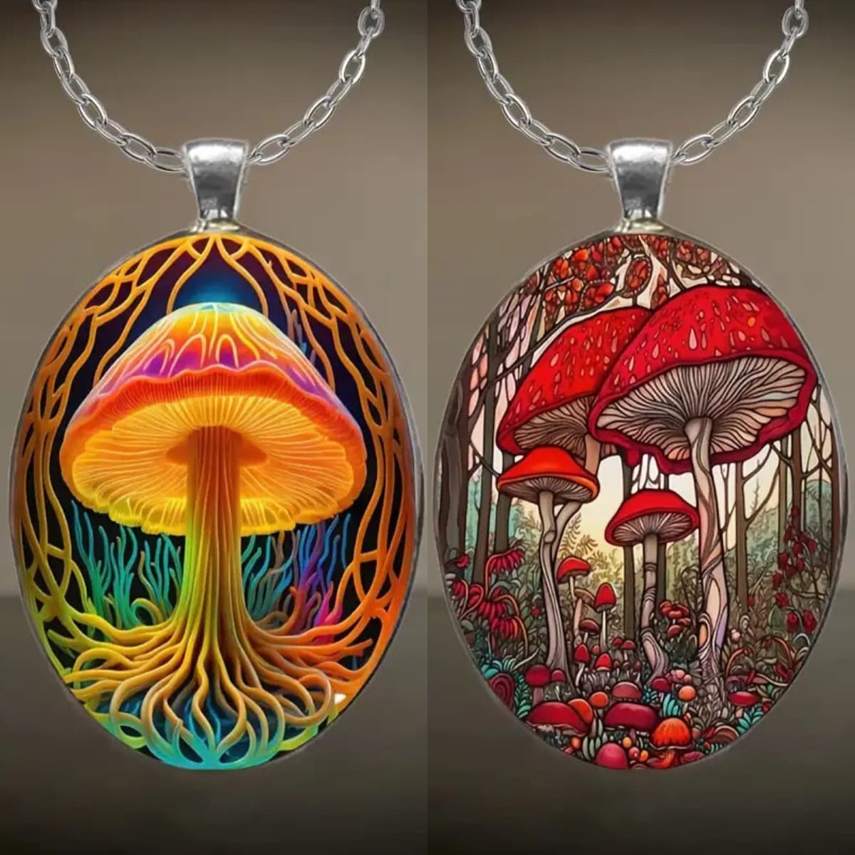 TEMU 2pcs Bohemian Mushroom Pattern Oval Glass Pendant Necklaces, Leather Rope/ Alloy Chain Necklace, Unique Accessory For Daily And Festival, Creative Romantic Gifts For Ladies