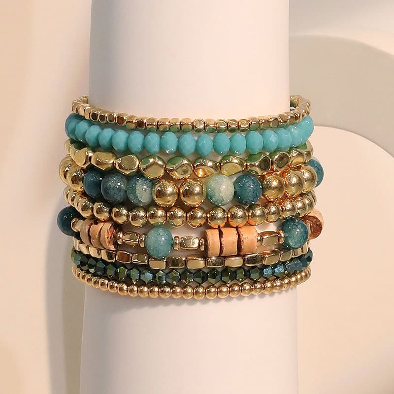 TEMU 9pcs Multilayer Elastic Beaded Bracelets Set, Boho Style Ccb Resin Wooden Beads Artificial Crystal Beading Bracelets Set, Gifts For , Famliy
