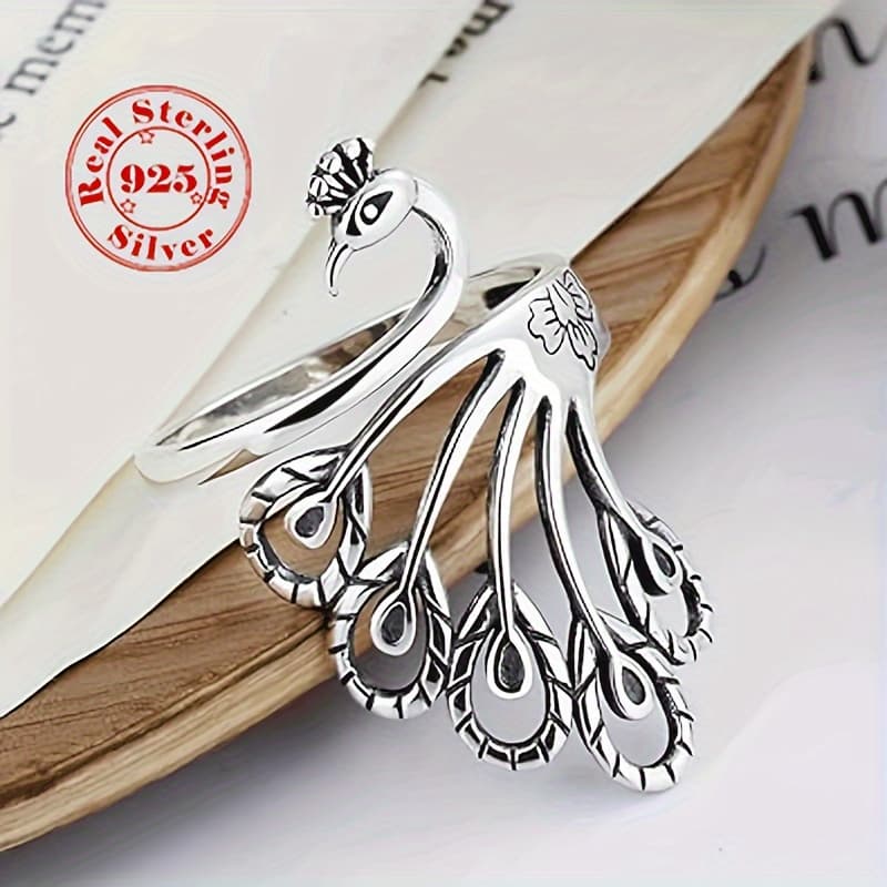 TEMU 3.65g/ 0.13oz S925 Pure Silvery Fashion Hollow Ring Peacock Ring Vintage Adjustable Ring Exquisite Birthday Jewelry Gift