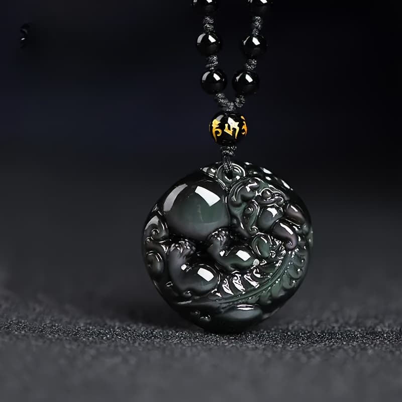 TEMU 1pc Natural Obsidian Stone Necklace With Iridescent - Pendant, No Plating Magnetic-free Good Luck Jewelry For &, Daily Wear For - (natural Stone Suitable For Wealth & Luck)