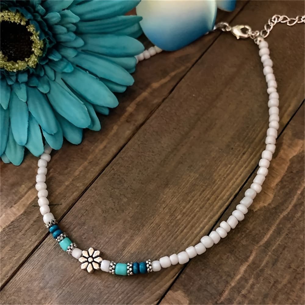 TEMU Bohemian Minimalist Beaded Choker Necklace With Colorful Flower Pendant, Alloy, Surfer Beach Jewelry For Women, Versatile Daily Wear Accessory