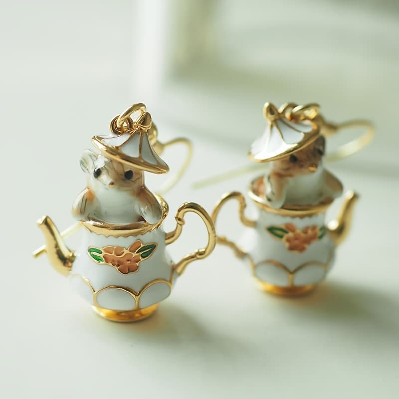 TEMU A Pair Of Trendy Animal-themed Fashion Teapot Mouse Earrings: Innovative Design, Ideal For Women' & Party Use And Great Jewelry For Gifting
