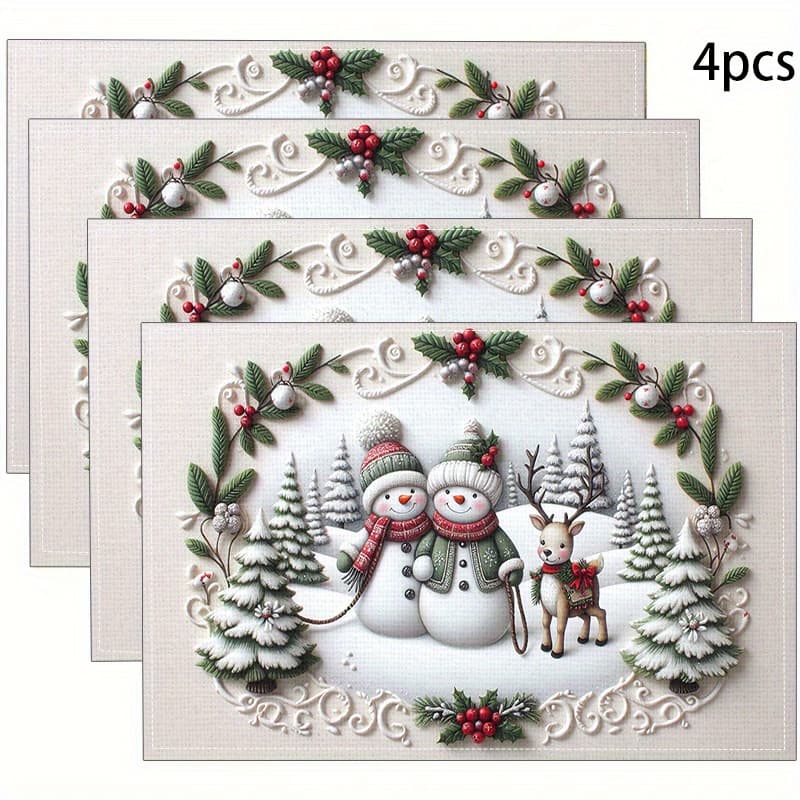 TEMU 4-pack Christmas Theme Linen Table Mats - Square Woven Placemats With Snowman And Deer Design, Machine Washable, Heat-resistant Dining Table Mats For Home Use