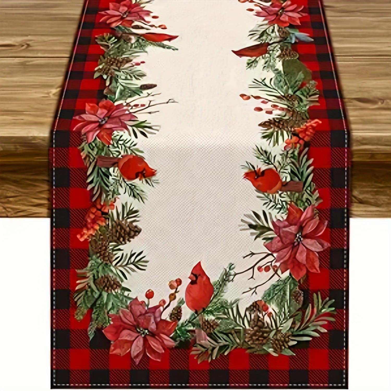 TEMU Festive Holiday Red Bird Table Runner - Linen Material With Red And Black Plaid, Christmas Thanksgiving And Poinsettia Design Tablecloth For Kitchen And Dining Room Decor, 3 Sizes Optional