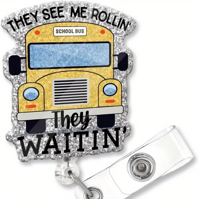 TEMU Waitin Funny Glitter Badge Scroll Retractable, Cute School Bus Badge Holder For Teachers, Christmas Birthday Graduation Gift For Teachers