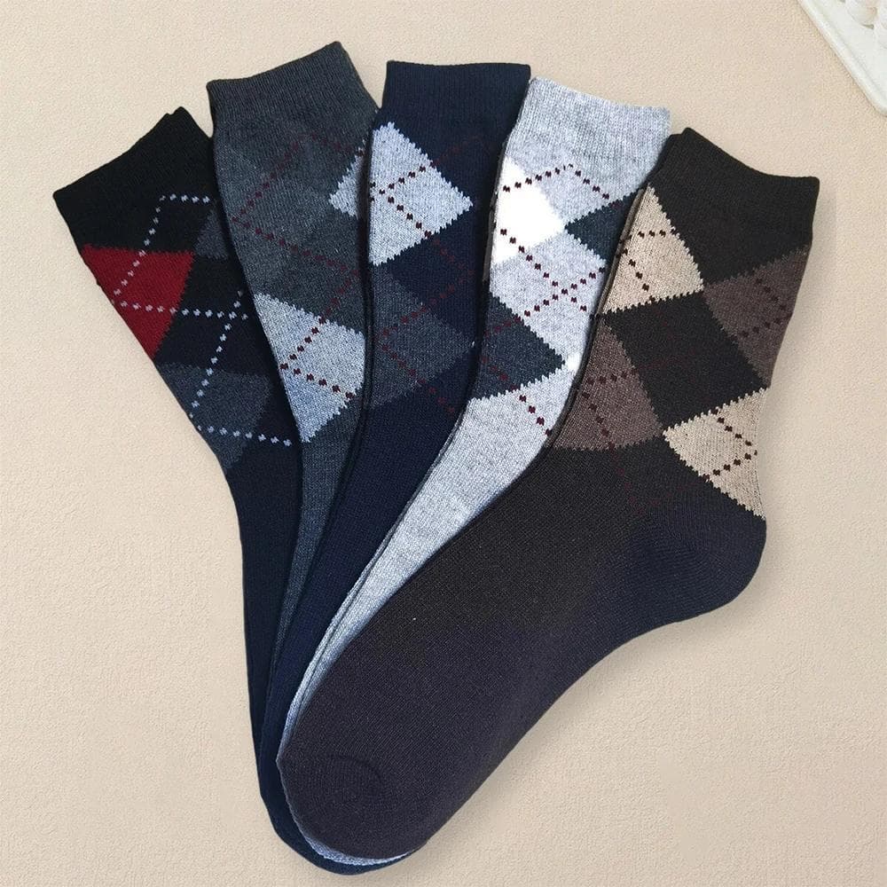 TEMU 5 Pairs Men's Geometric Argyle Pattern Socks - Soft Thickened Warm Winter Casual Crew Socks, Design For Autumn & Winter, Hand Wash/