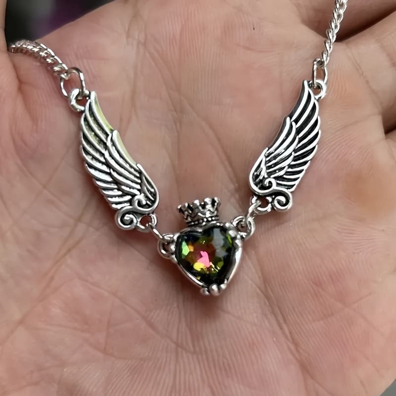 TEMU Minimalist Crown And Wing Pendant Sweater Necklace - Unisex With Heart Detail