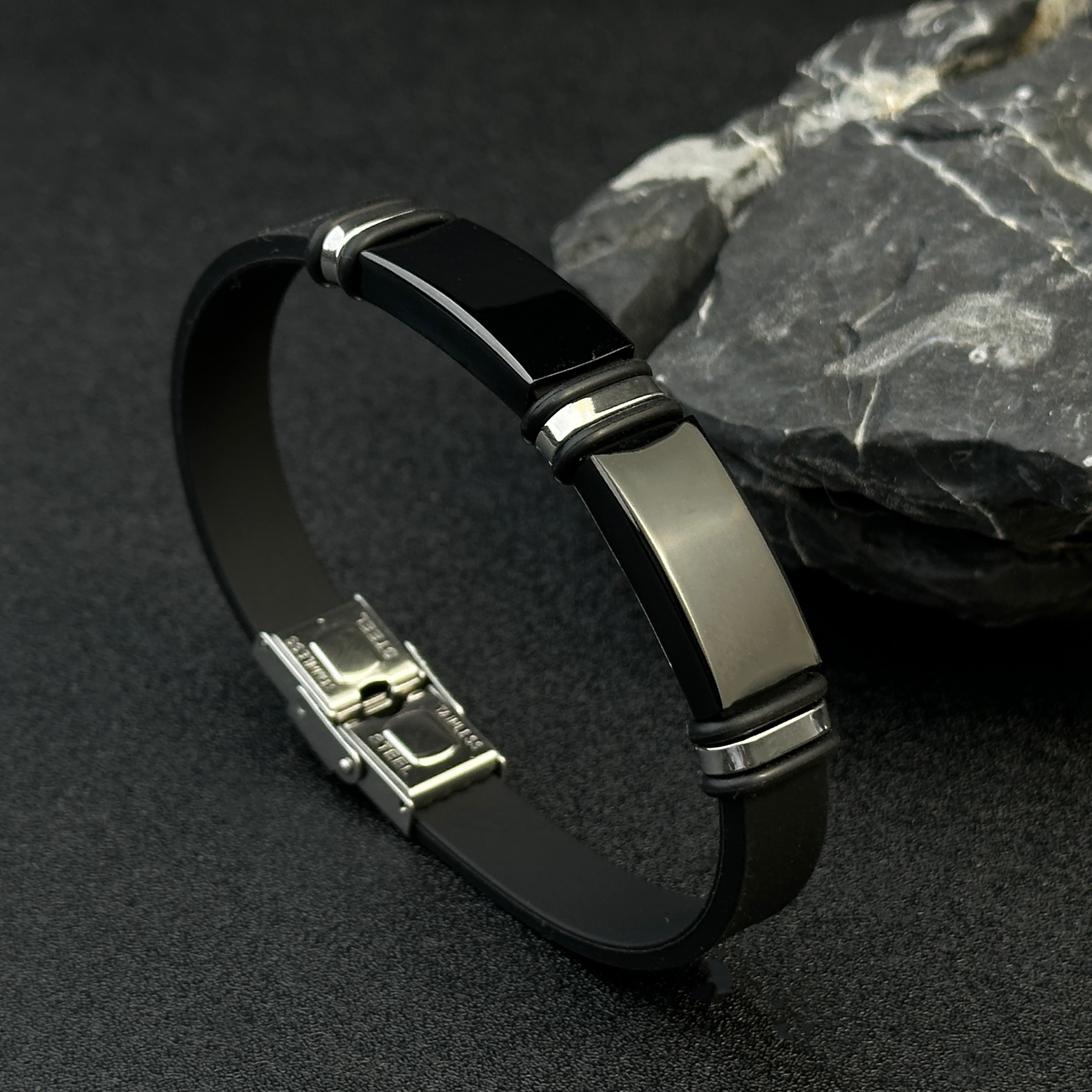 TEMU Stainless Steel Men's Wristband With Adjustable Silicone Strap And Dual Black Charms - Perfect Jewelry Gift For Any Outfit
