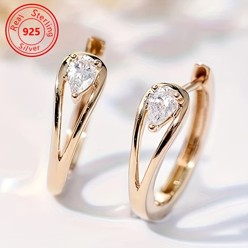 TEMU 1 Pair Of S925 Silver Earrings - Geometric Sparkling Synthetic Zirconia Earrings -18k Gold Plated Earrings, Elegant And Perfect Daily Accessories, Perfect Gift